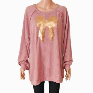 Heimish Sequined Bow Fall Top XL Women's Pink Ribbed Long Sleeve Stretch
